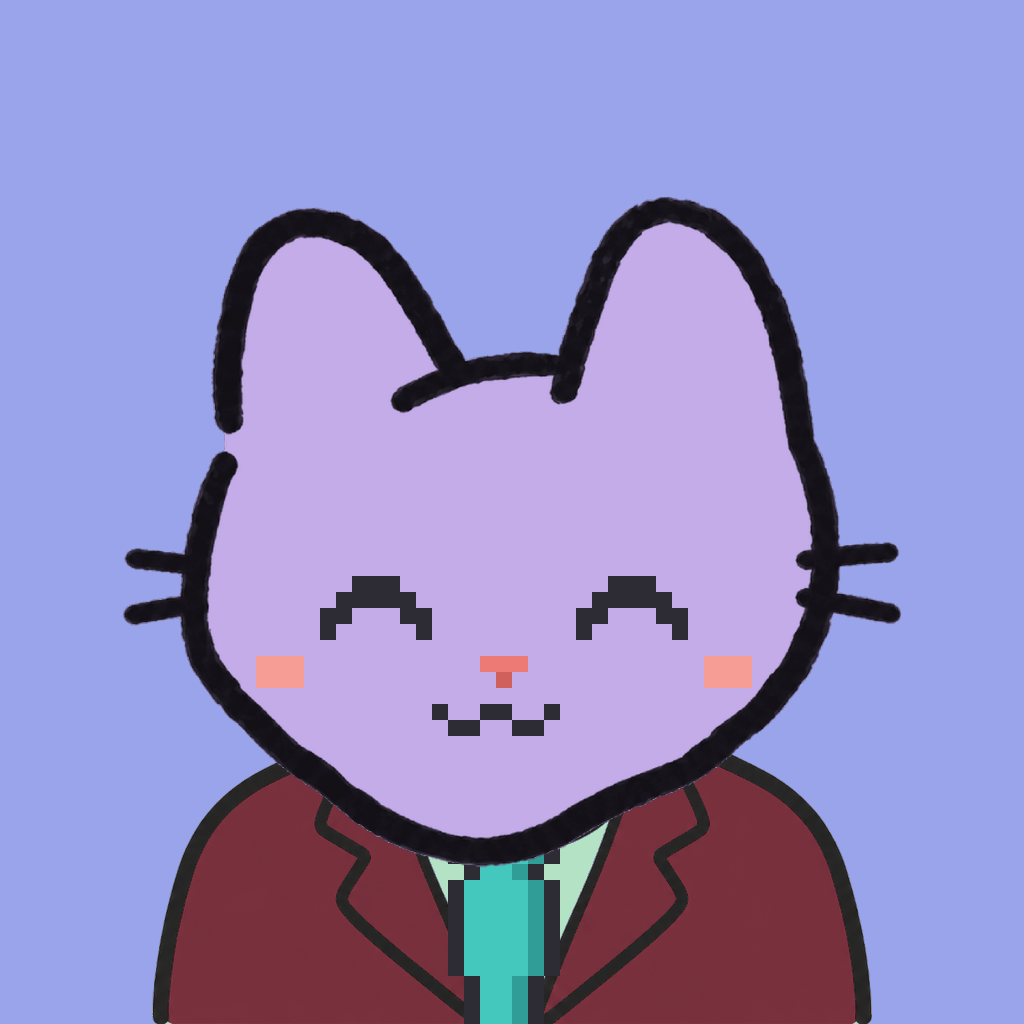 Employee #2320 — a lavender cat, in a burgundy suit, with a teal tie, on periwinkle