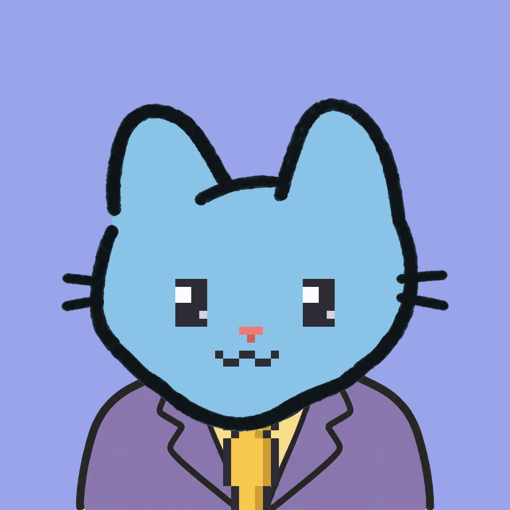 Employee #2321 — a sky cat, in a lavender suit, with a gold tie, on periwinkle