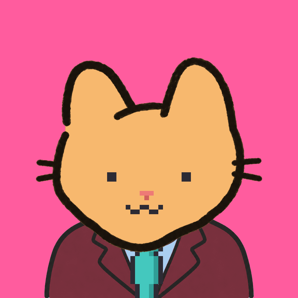 Employee #2322 — a tabby cat, in a burgundy suit, with a teal tie, on hot pink