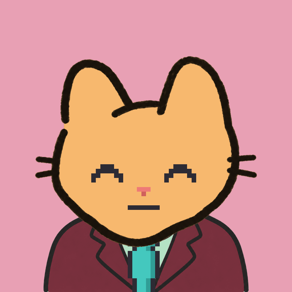 Employee #2323 — a tabby cat, in a burgundy suit, with a teal tie, on rose