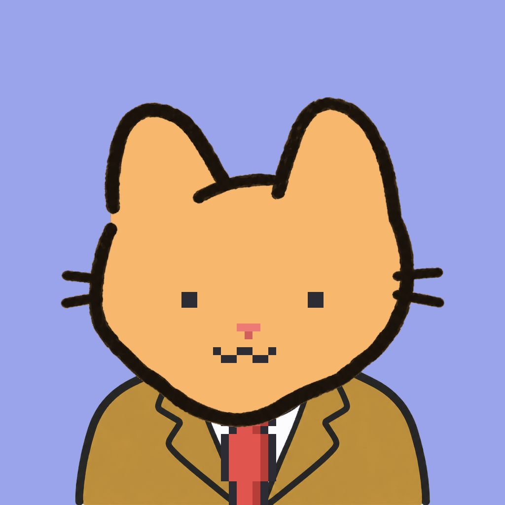 Employee #2324 — a tabby cat, in a mustard suit, with a red tie, on periwinkle