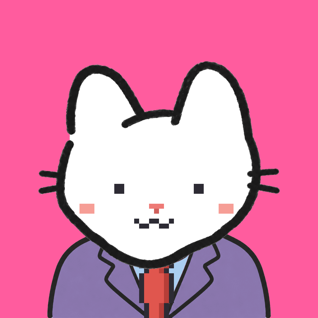 Employee #2325 — a white cat, in a lavender suit, with a red tie, on hot pink