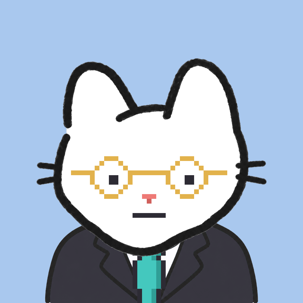 Employee #2326 — a white cat, in a black suit, with a teal tie, wearing round-gold glasses, on sky