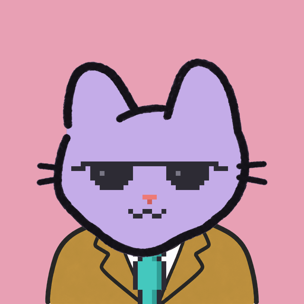 Employee #2327 — a lavender cat, in a mustard suit, with a teal tie, wearing shades glasses, on rose