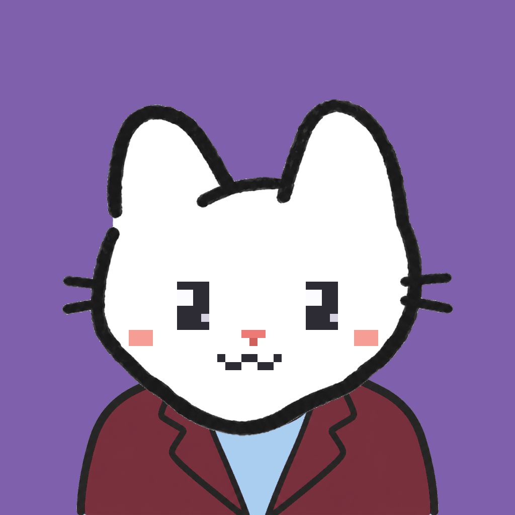 Employee #2328 — a white cat, in a burgundy suit, on plasma violet