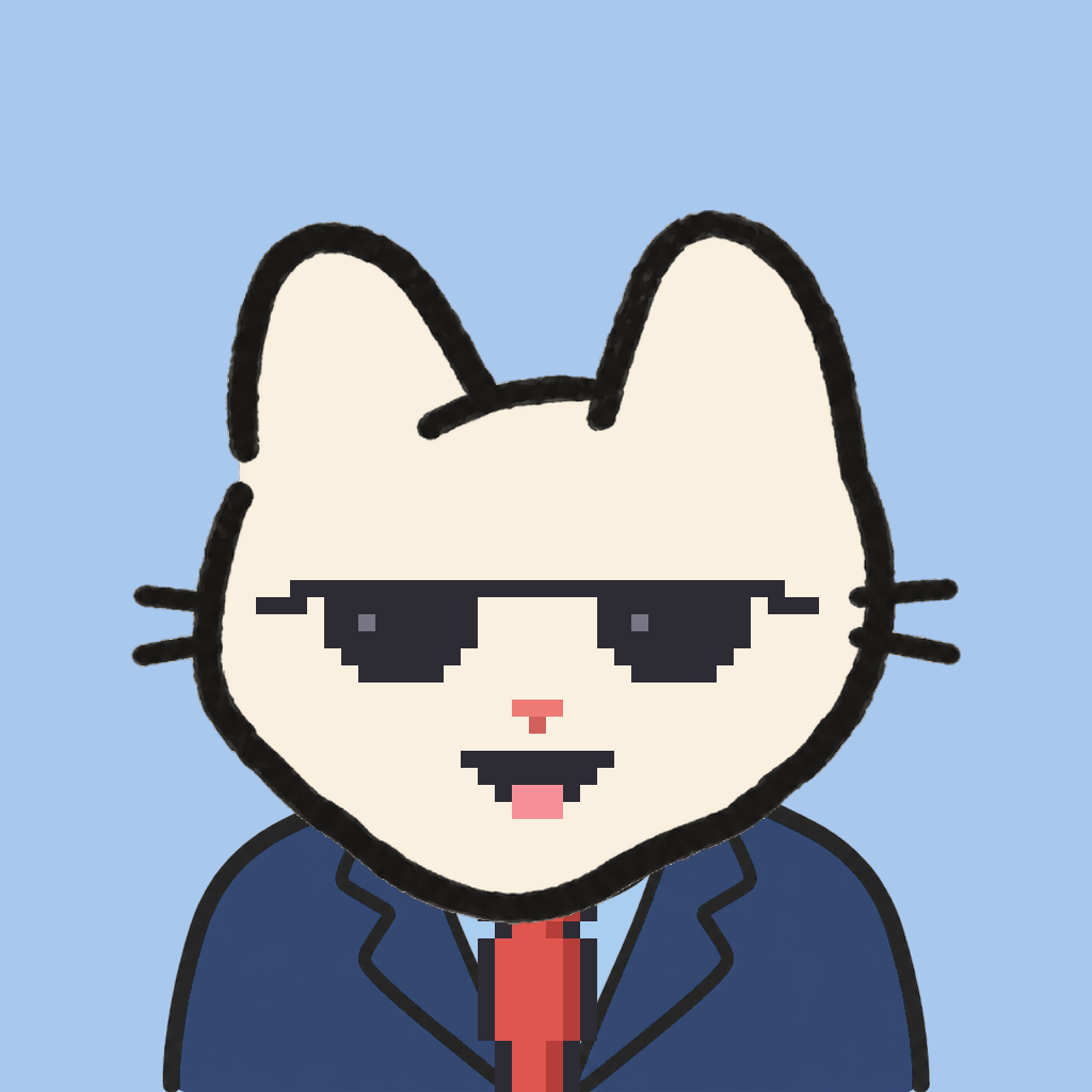 Employee #2329 — a cream cat, in a navy suit, with a red tie, wearing shades glasses, on sky