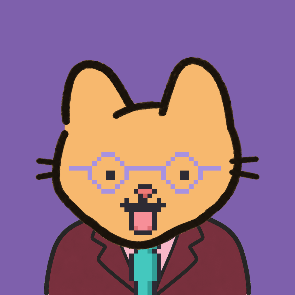 Employee #0233 — a tabby cat, in a burgundy suit, with a teal tie, wearing round-lavender glasses, on plasma violet
