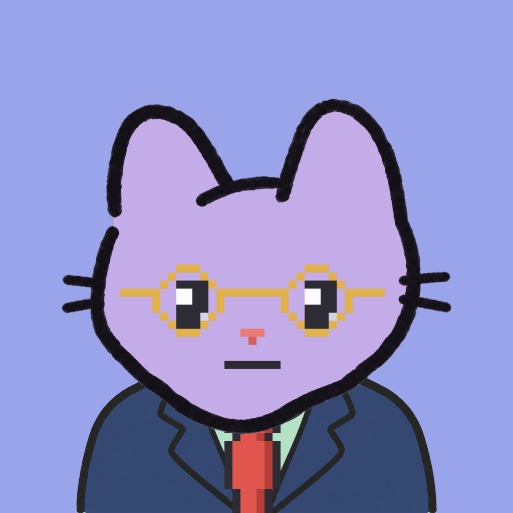 Employee #2330 — a lavender cat, in a navy suit, with a red tie, wearing round-gold glasses, on periwinkle