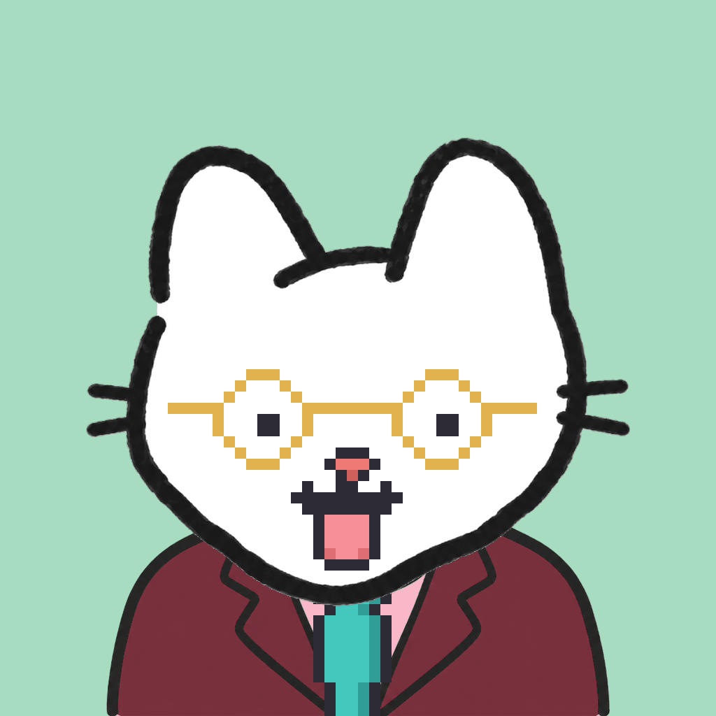 Employee #2331 — a white cat, in a burgundy suit, with a teal tie, wearing round-gold glasses, on mint