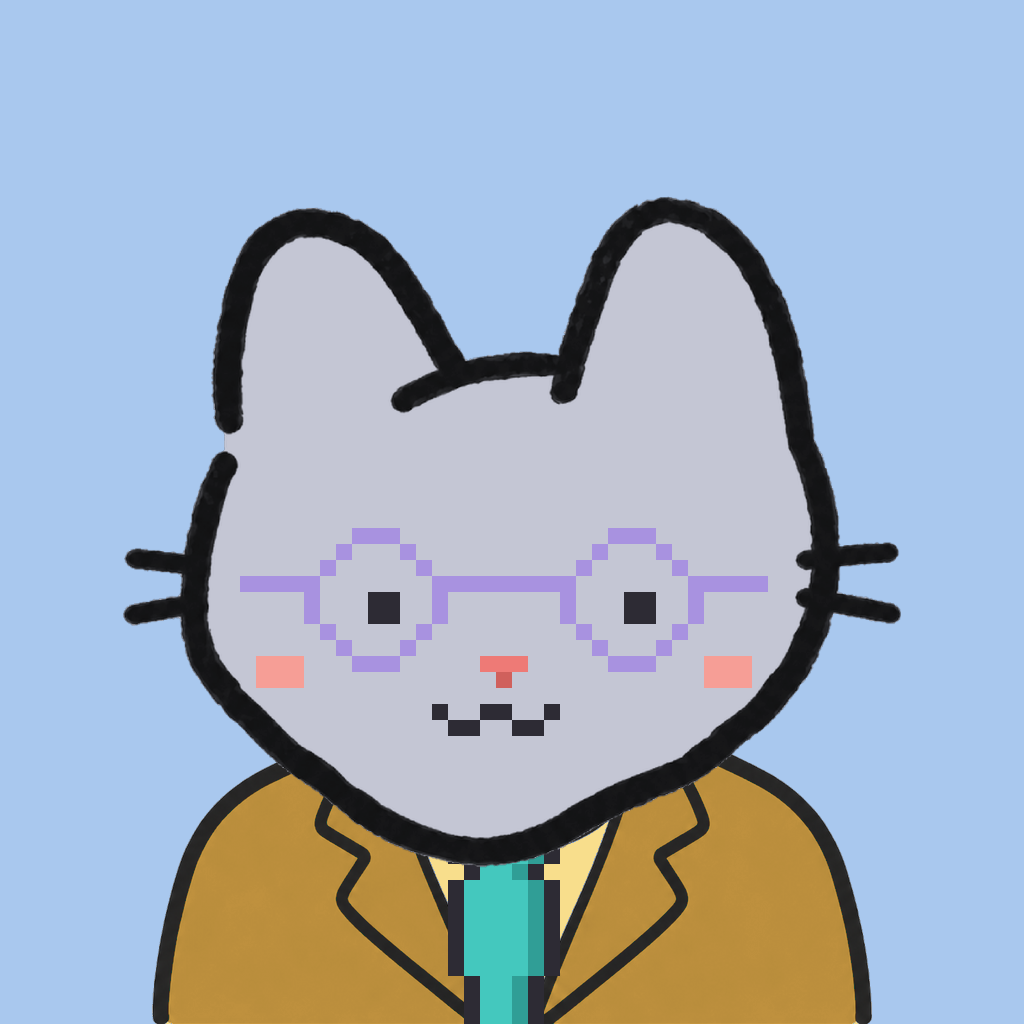 Employee #2332 — a gray cat, in a mustard suit, with a teal tie, wearing round-lavender glasses, on sky