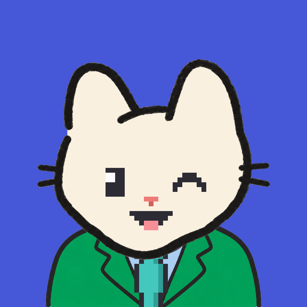 Employee #2333 — a cream cat, in a green suit, with a teal tie, on royal