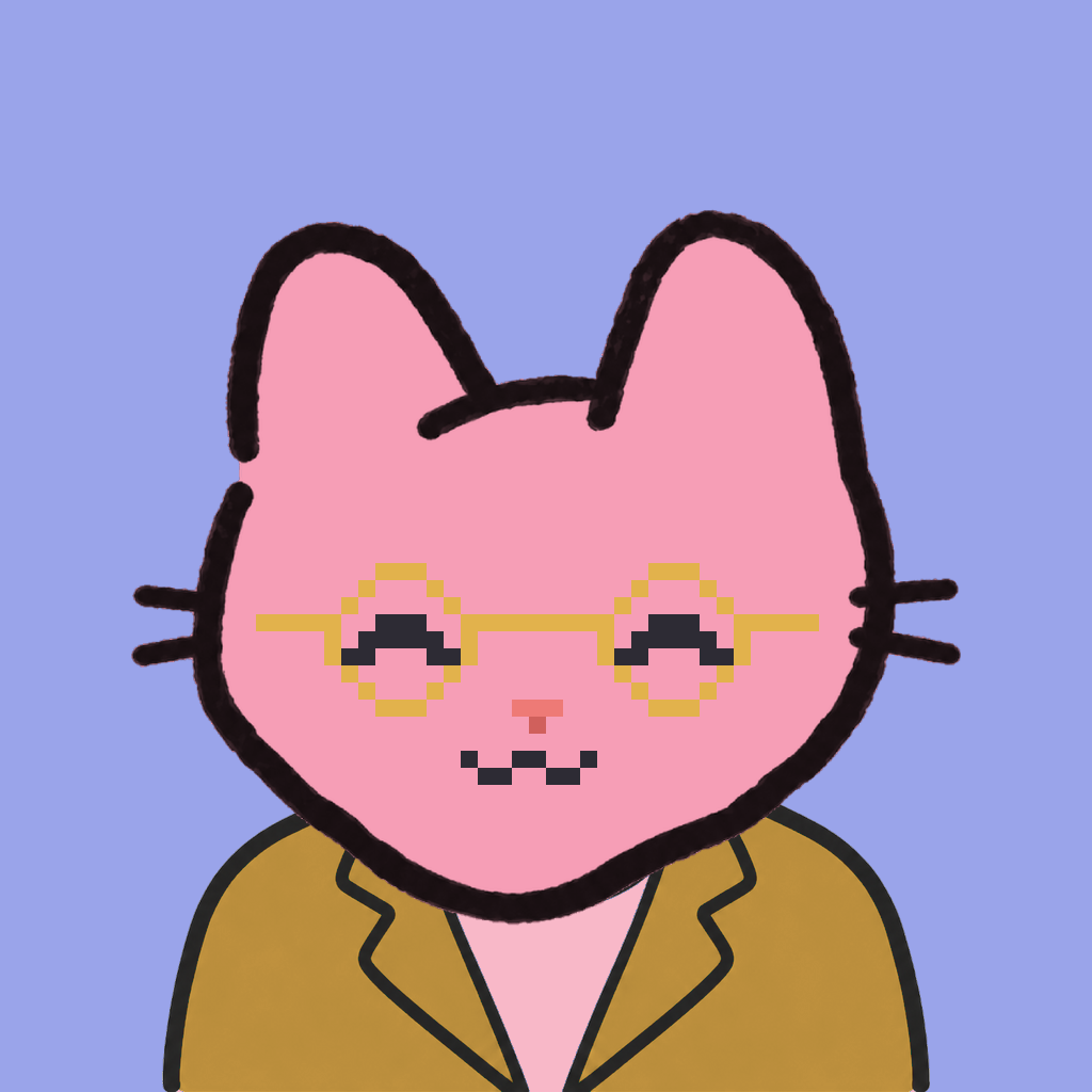 Employee #2334 — a pink cat, in a mustard suit, wearing round-gold glasses, on periwinkle