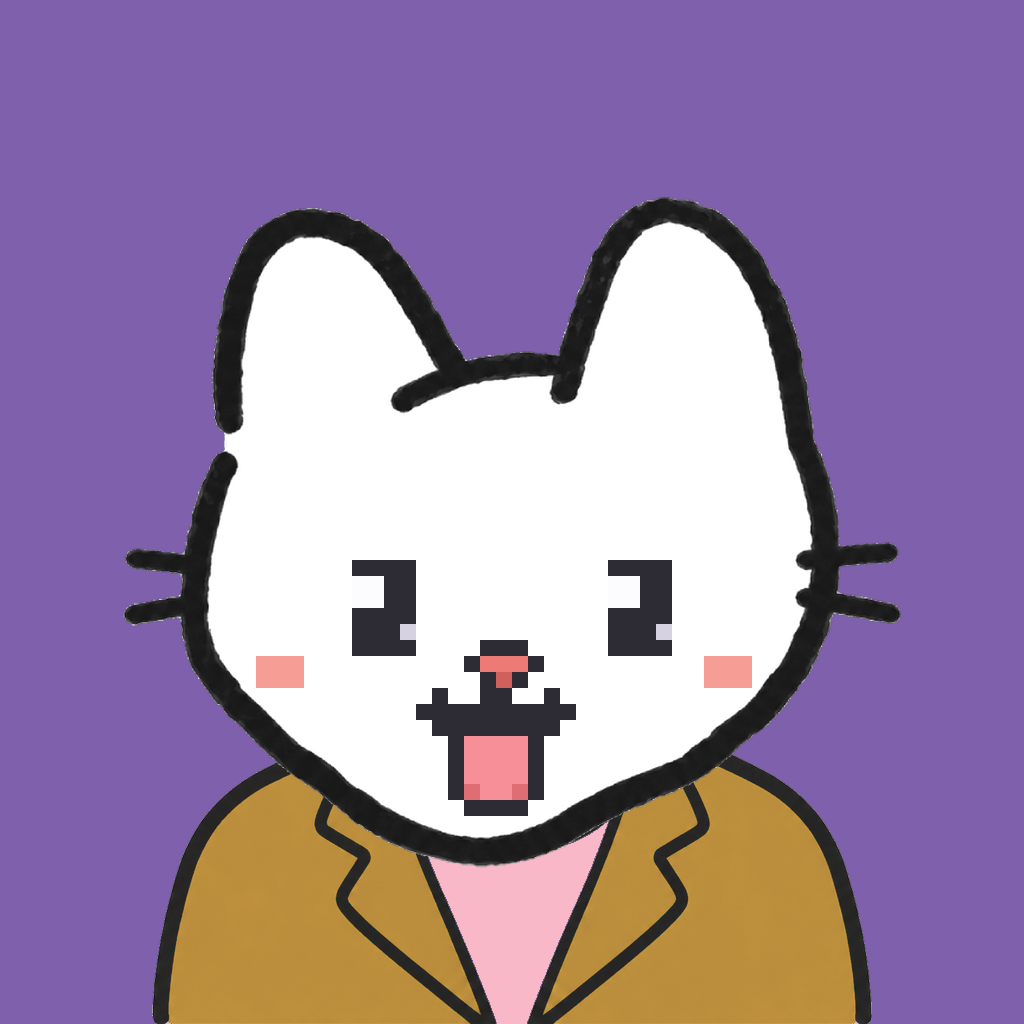 Employee #2335 — a white cat, in a mustard suit, on plasma violet