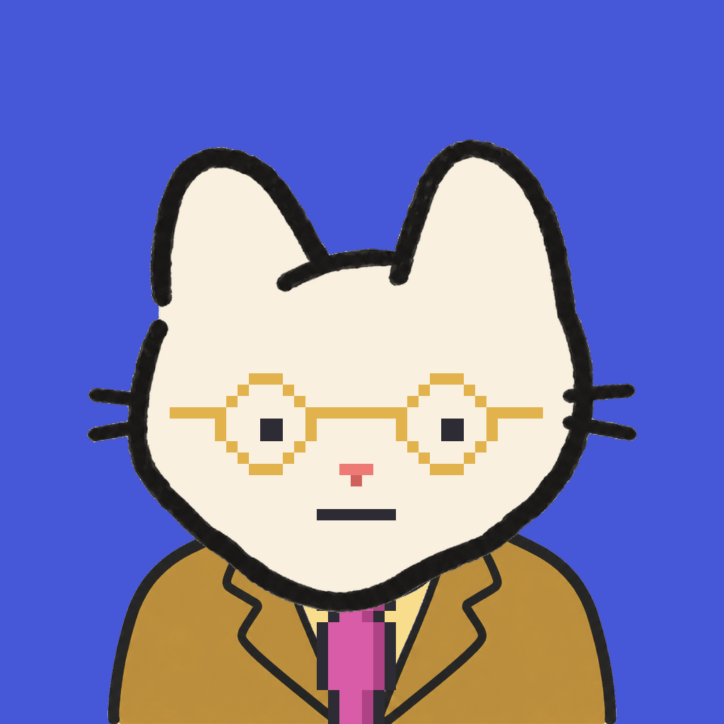 Employee #2336 — a cream cat, in a mustard suit, with a magenta tie, wearing round-gold glasses, on royal