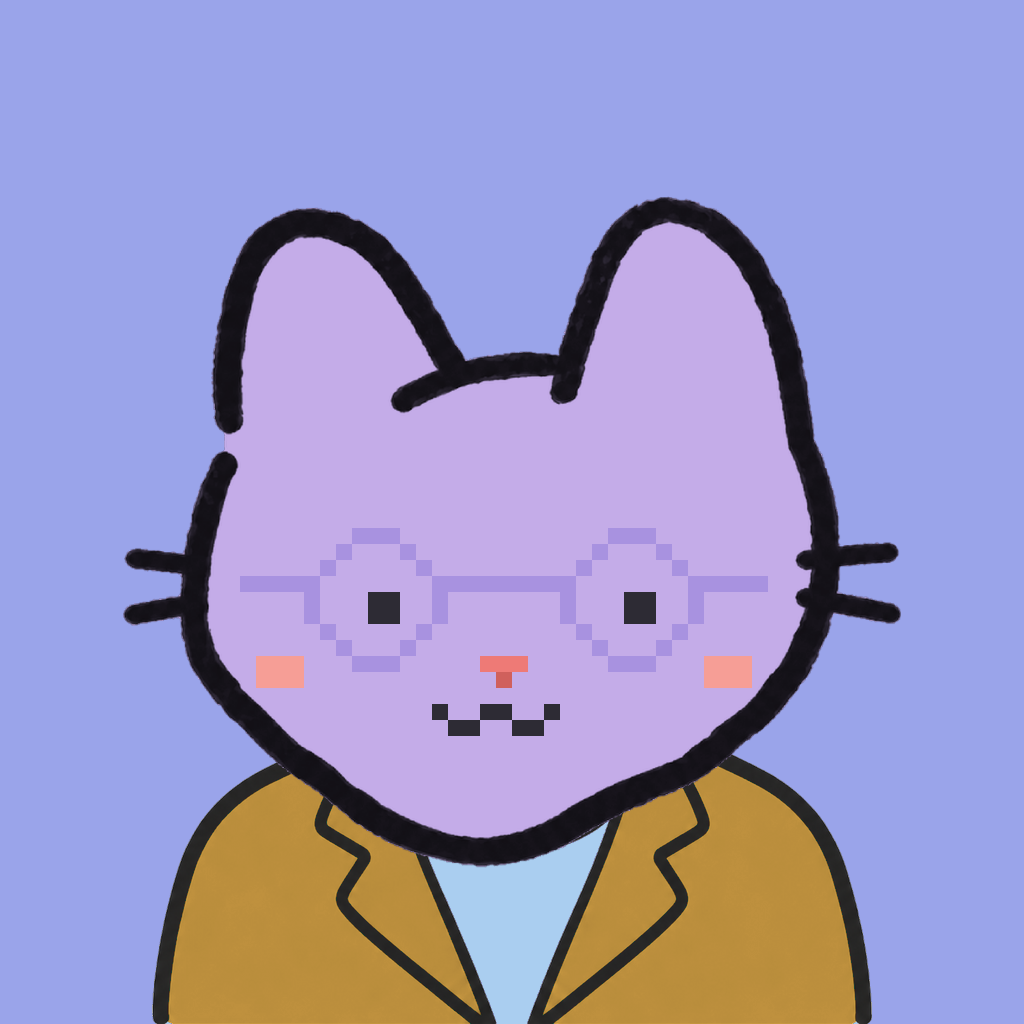 Employee #2337 — a lavender cat, in a mustard suit, wearing round-lavender glasses, on periwinkle