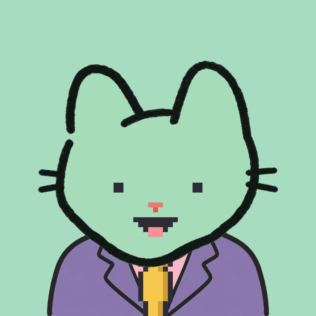 Employee #2338 — a mint cat, in a lavender suit, with a gold tie, on mint