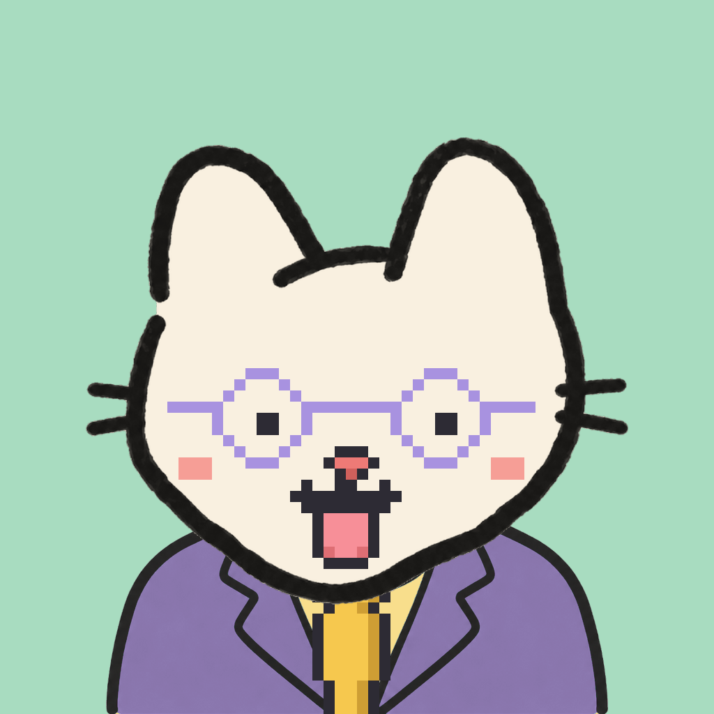 Employee #2339 — a cream cat, in a lavender suit, with a gold tie, wearing round-lavender glasses, on mint