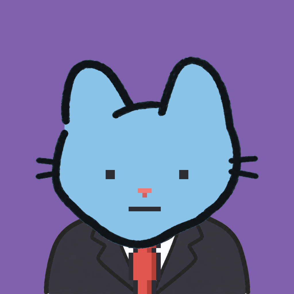 Employee #0234 — a sky cat, in a black suit, with a red tie, on plasma violet