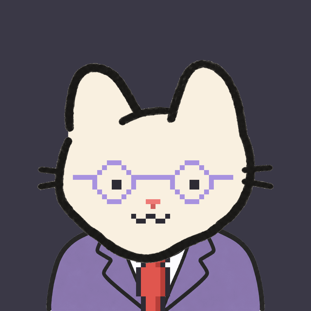 Employee #2340 — a cream cat, in a lavender suit, with a red tie, wearing round-lavender glasses, on charcoal