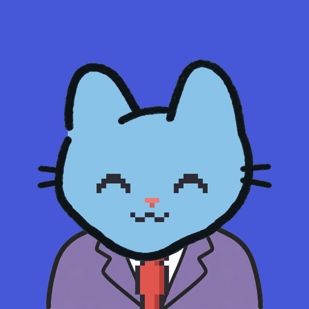 Employee #2342 — a sky cat, in a lavender suit, with a red tie, on royal