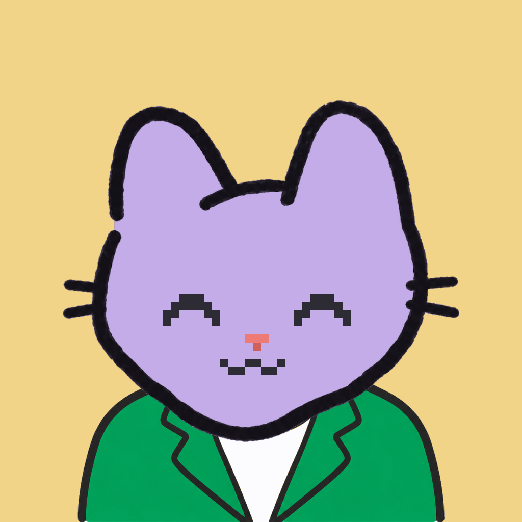 Employee #2343 — a lavender cat, in a green suit, on butter