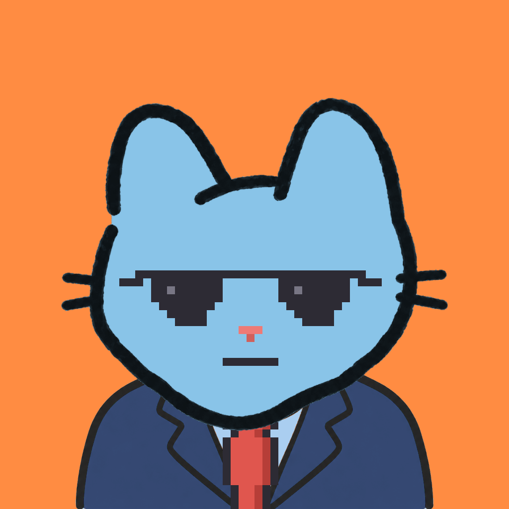 Employee #2344 — a sky cat, in a navy suit, with a red tie, wearing shades glasses, on tangerine