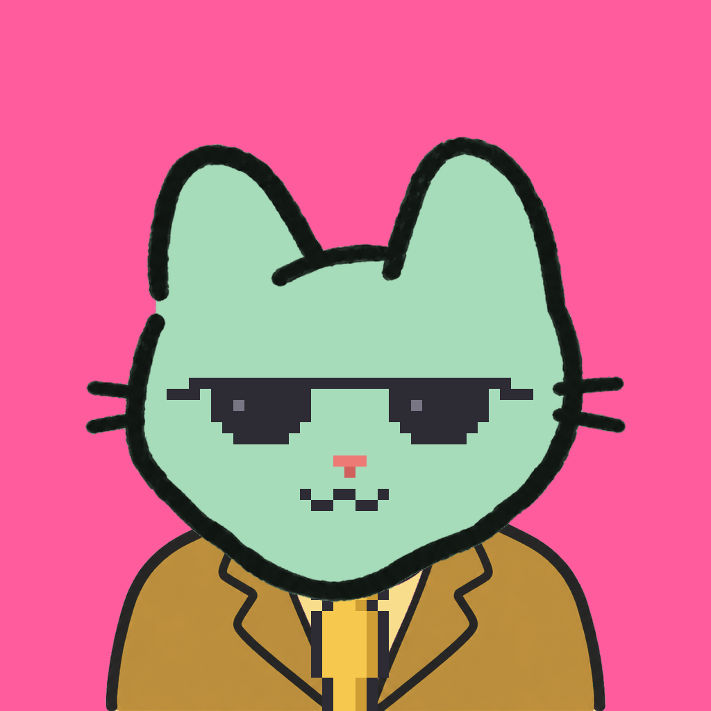 Employee #2345 — a mint cat, in a mustard suit, with a gold tie, wearing shades glasses, on hot pink