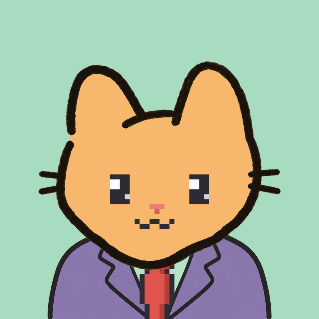 Employee #2346 — a tabby cat, in a lavender suit, with a red tie, on mint