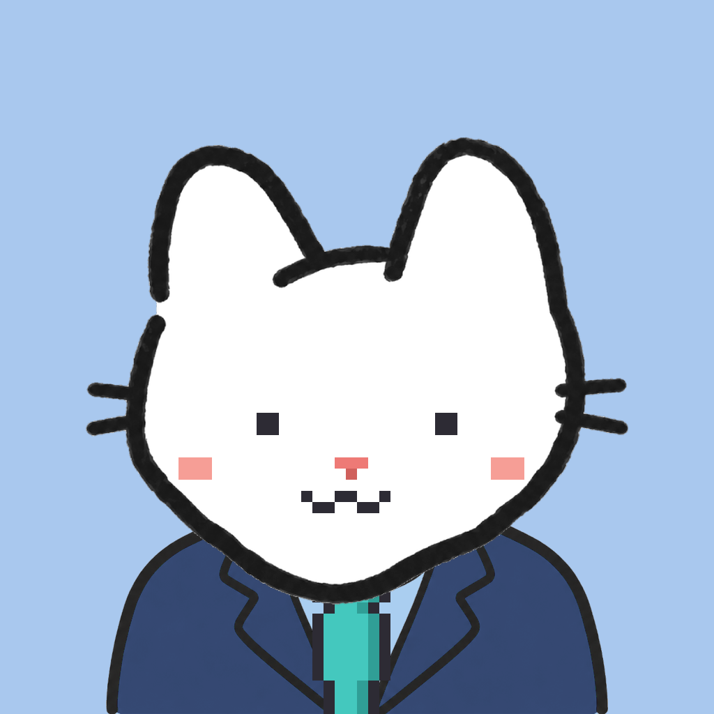 Employee #2347 — a white cat, in a navy suit, with a teal tie, on sky