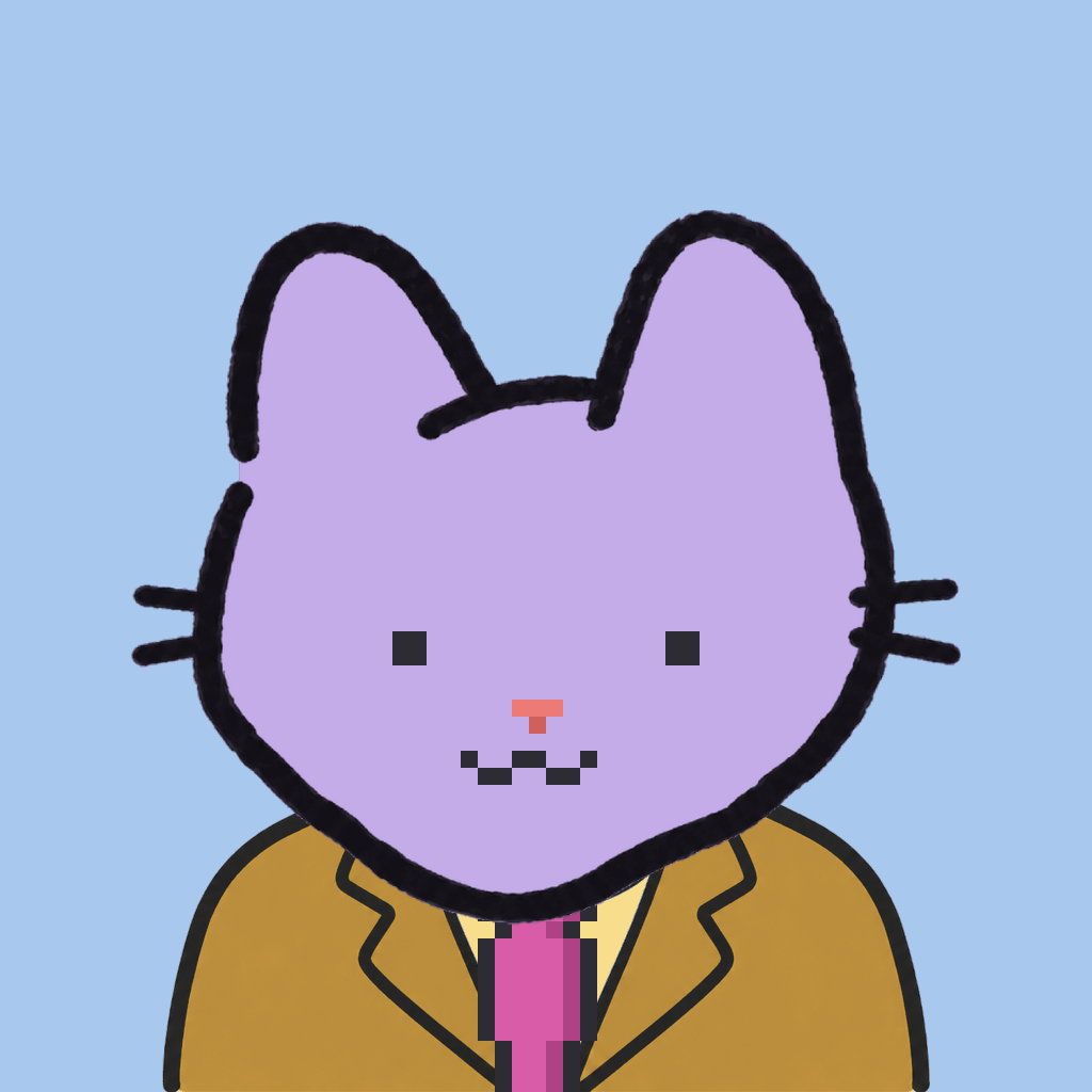 Employee #2348 — a lavender cat, in a mustard suit, with a magenta tie, on sky