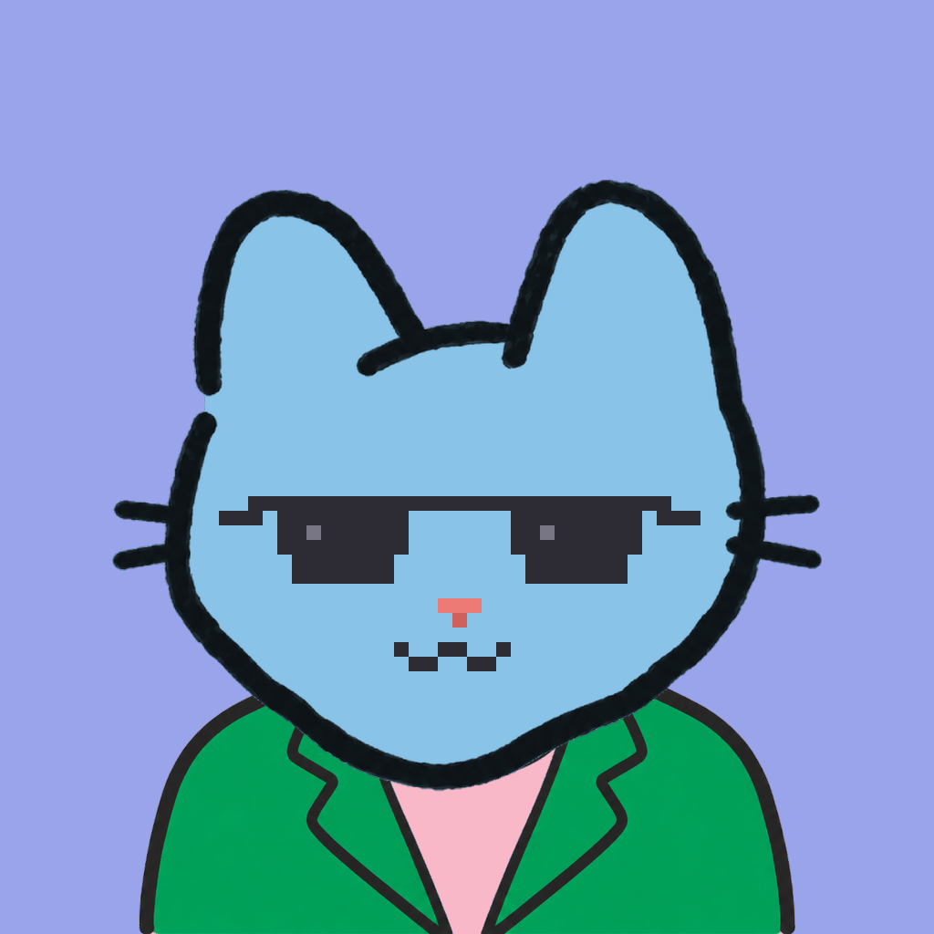 Employee #2349 — a sky cat, in a green suit, wearing shades glasses, on periwinkle