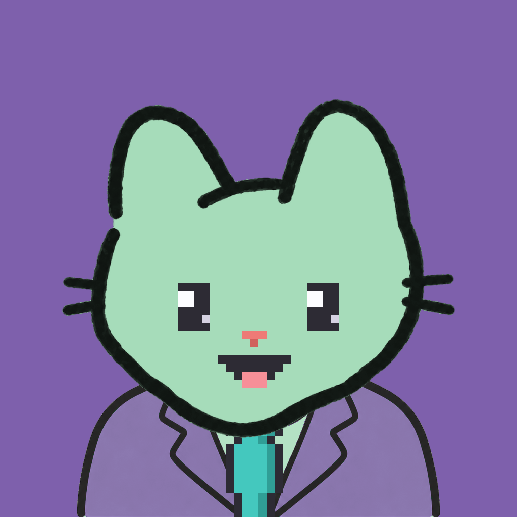 Employee #0235 — a mint cat, in a lavender suit, with a teal tie, on plasma violet