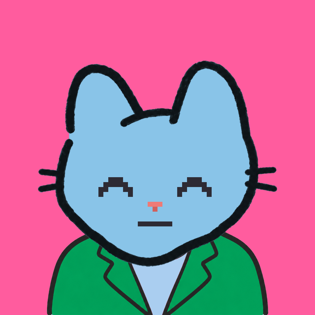 Employee #2350 — a sky cat, in a green suit, on hot pink