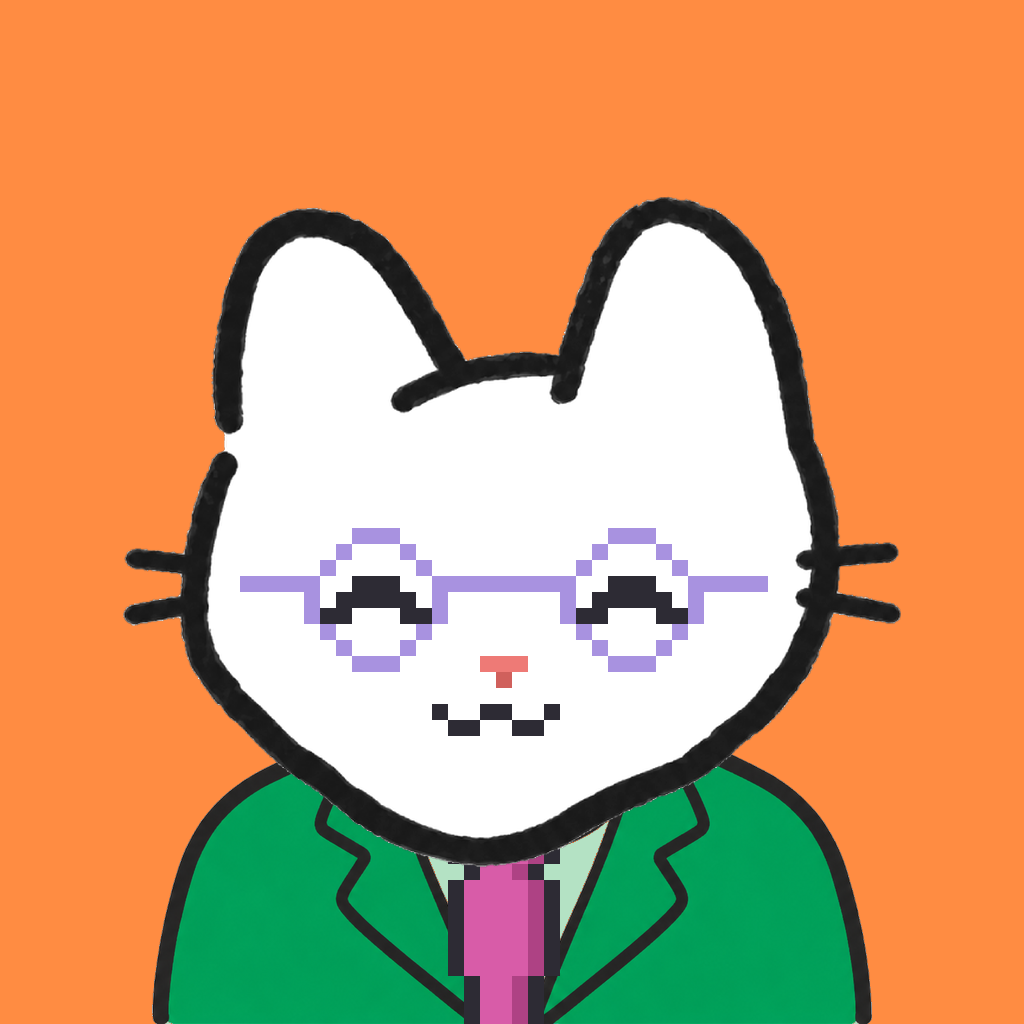 Employee #2351 — a white cat, in a green suit, with a magenta tie, wearing round-lavender glasses, on tangerine