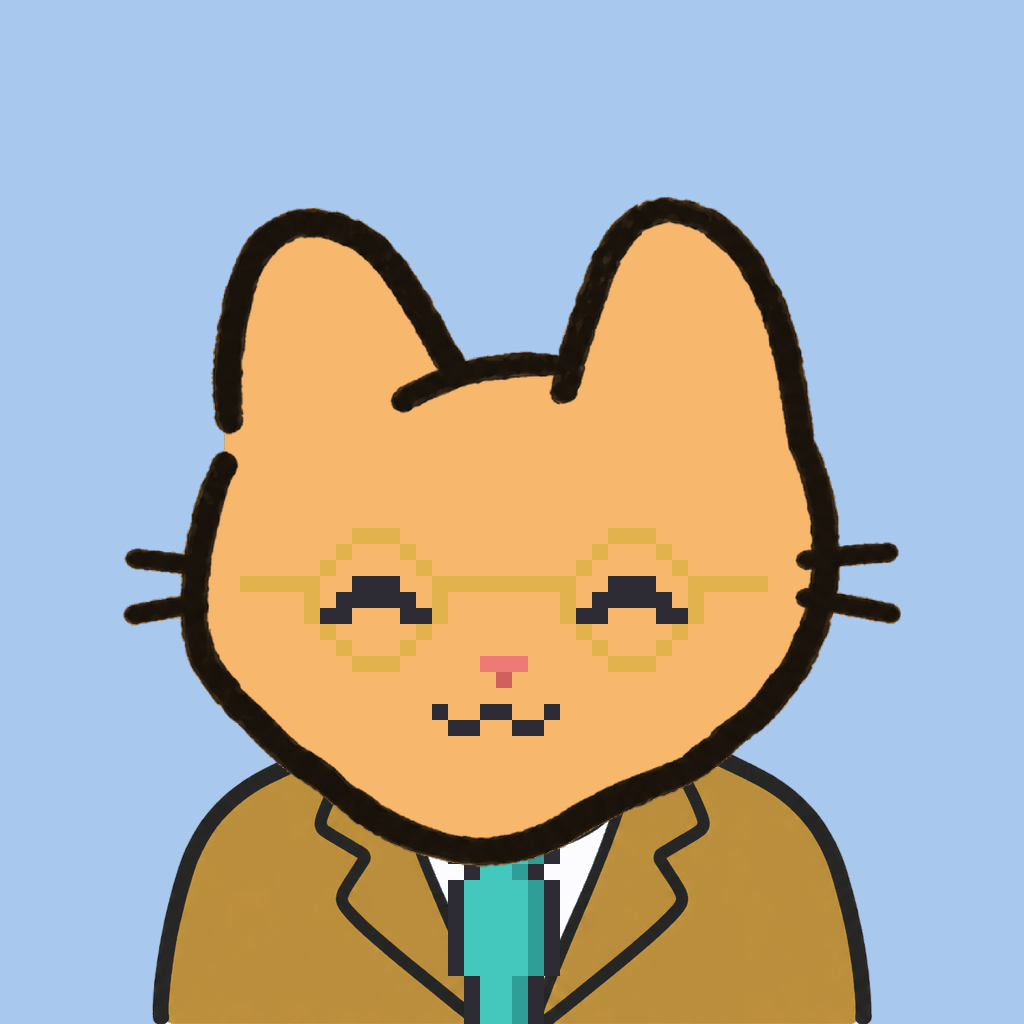 Employee #2352 — a tabby cat, in a mustard suit, with a teal tie, wearing round-gold glasses, on sky