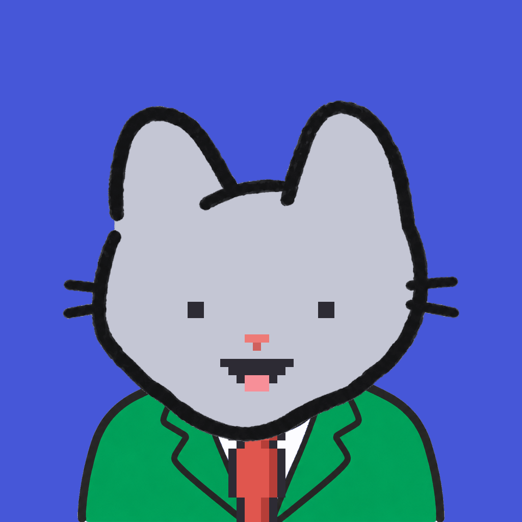 Employee #2353 — a gray cat, in a green suit, with a red tie, on royal