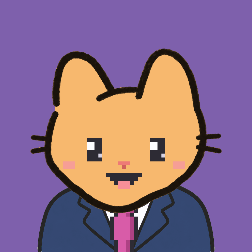 Employee #2354 — a tabby cat, in a navy suit, with a magenta tie, on plasma violet