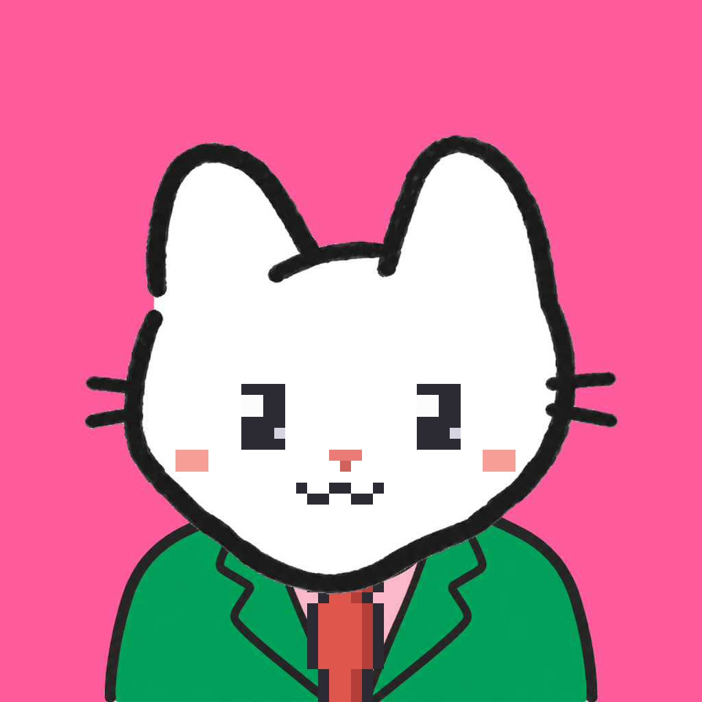 Employee #2355 — a white cat, in a green suit, with a red tie, on hot pink