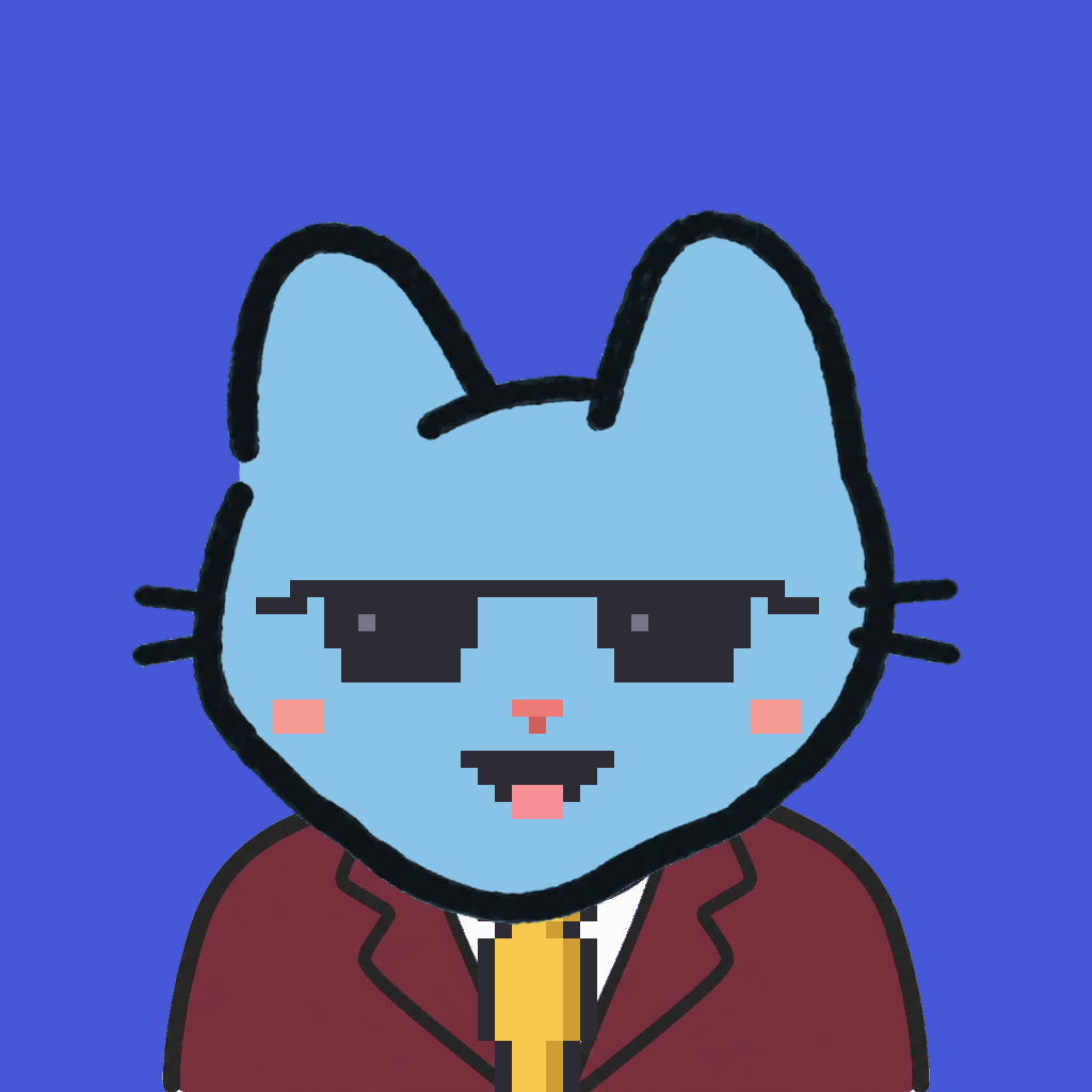 Employee #2356 — a sky cat, in a burgundy suit, with a gold tie, wearing shades glasses, on royal