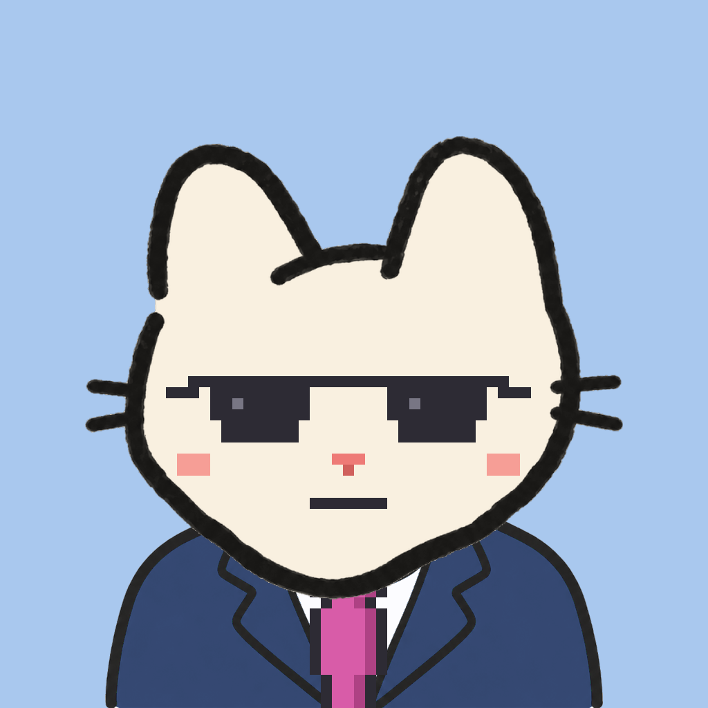 Employee #2357 — a cream cat, in a navy suit, with a magenta tie, wearing shades glasses, on sky