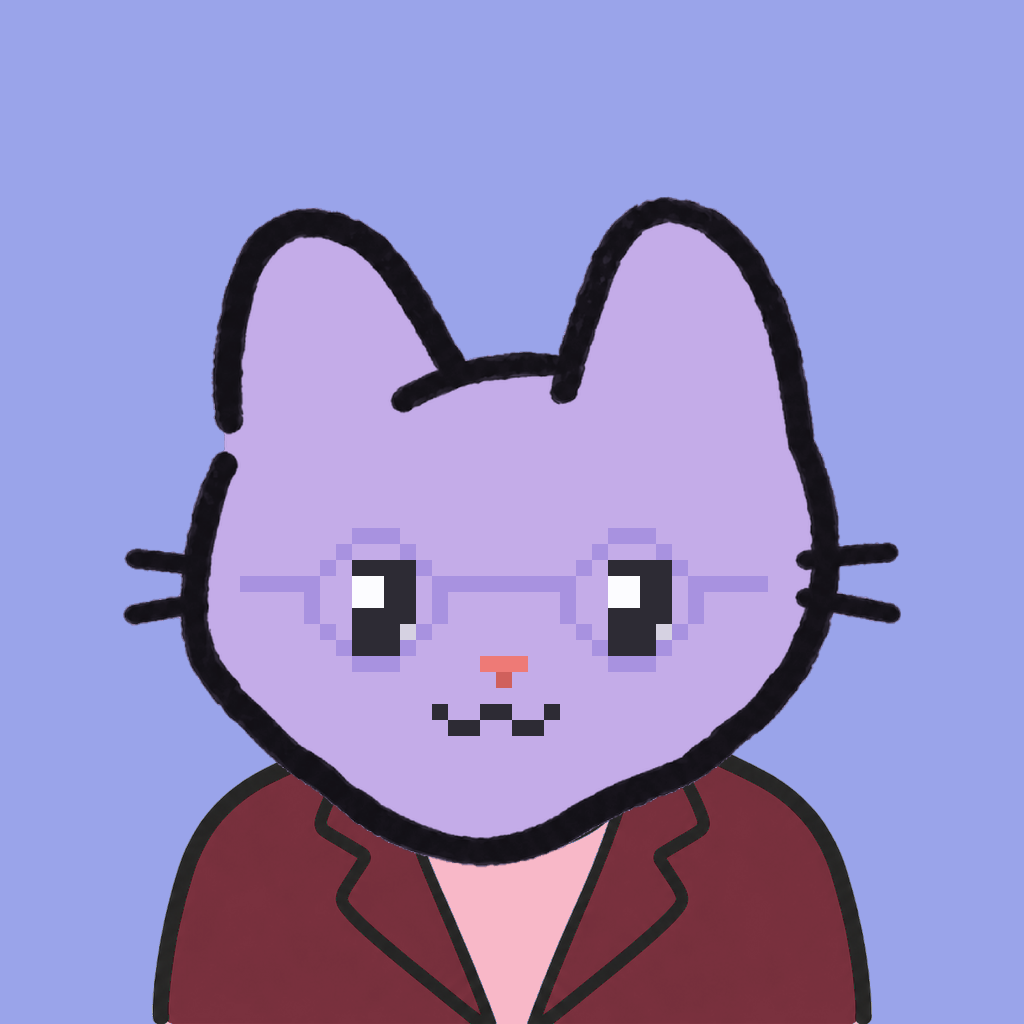 Employee #2358 — a lavender cat, in a burgundy suit, wearing round-lavender glasses, on periwinkle