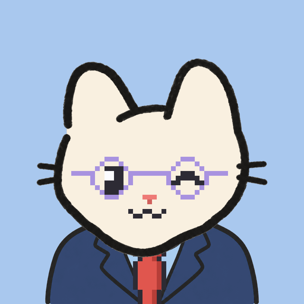 Employee #2359 — a cream cat, in a navy suit, with a red tie, wearing round-lavender glasses, on sky