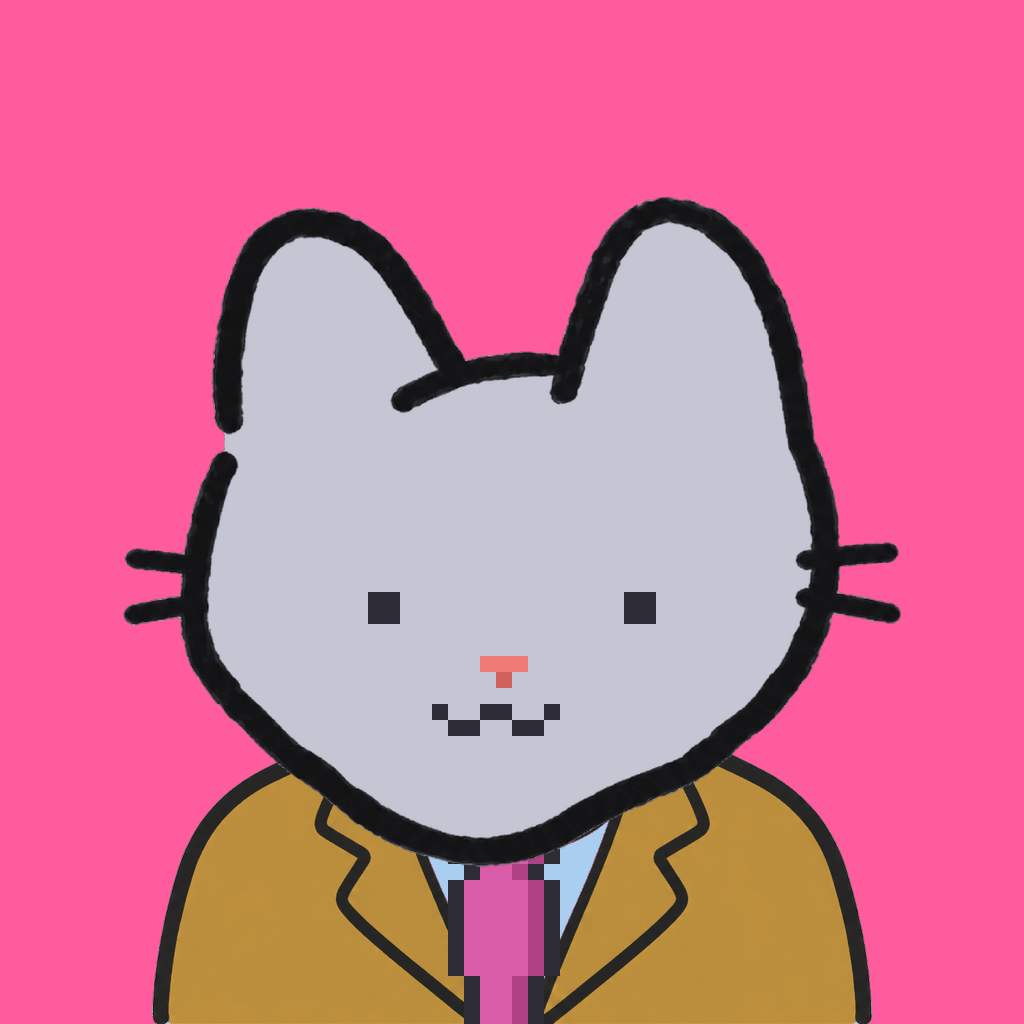 Employee #0236 — a gray cat, in a mustard suit, with a magenta tie, on hot pink