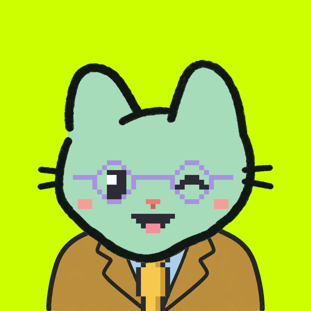 Employee #2360 — a mint cat, in a mustard suit, with a gold tie, wearing round-lavender glasses, on volt