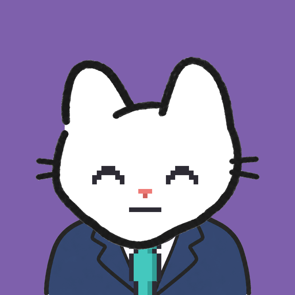 Employee #2361 — a white cat, in a navy suit, with a teal tie, on plasma violet