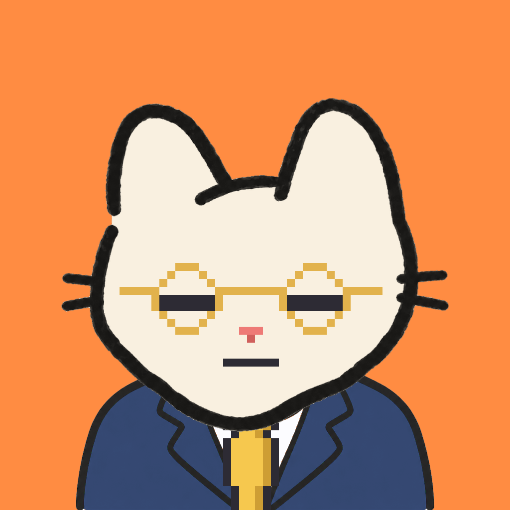 Employee #2362 — a cream cat, in a navy suit, with a gold tie, wearing round-gold glasses, on tangerine