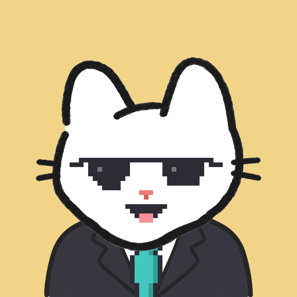 Employee #2363 — a white cat, in a black suit, with a teal tie, wearing shades glasses, on butter