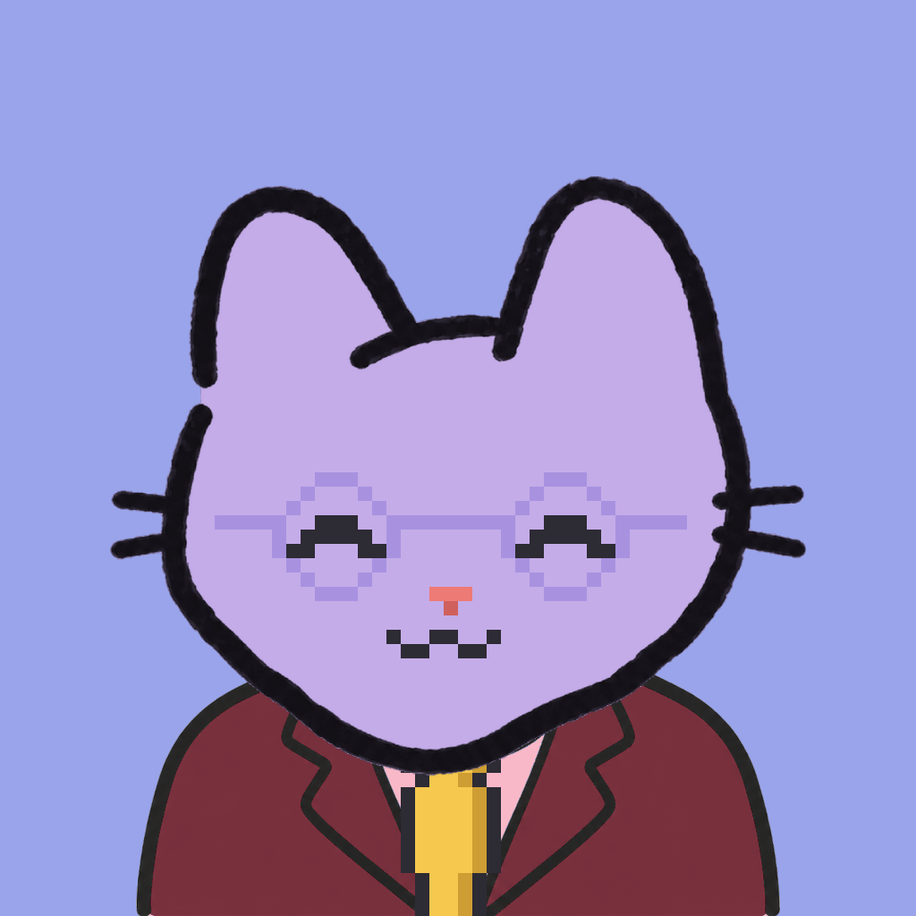 Employee #2364 — a lavender cat, in a burgundy suit, with a gold tie, wearing round-lavender glasses, on periwinkle