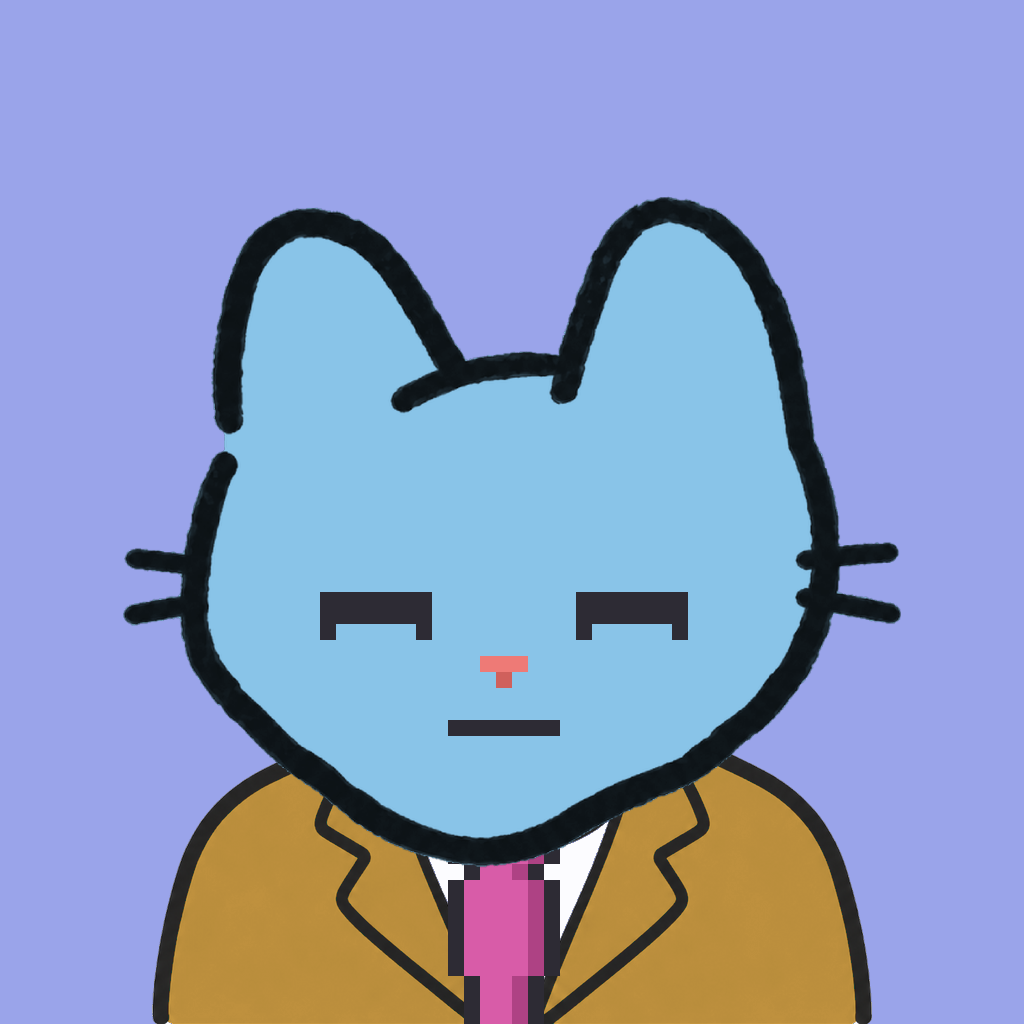 Employee #2365 — a sky cat, in a mustard suit, with a magenta tie, on periwinkle