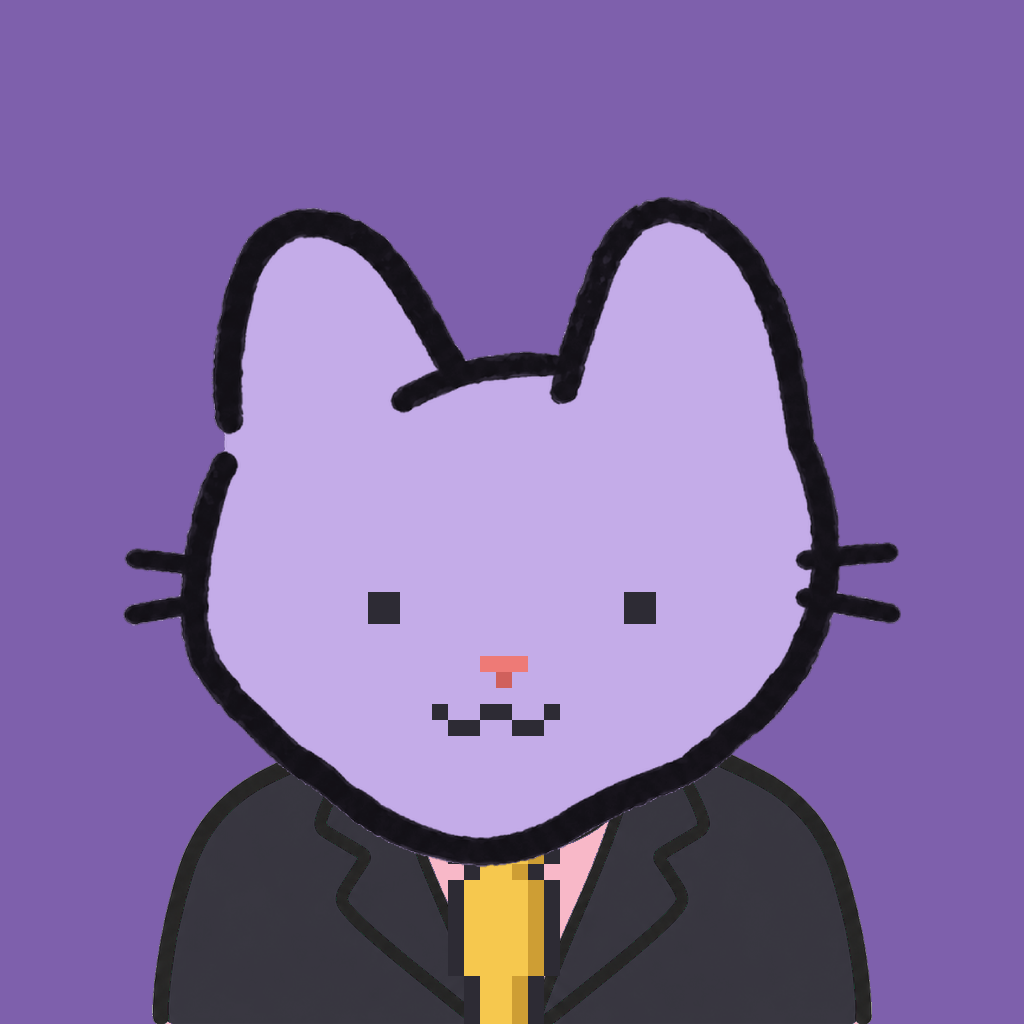 Employee #2366 — a lavender cat, in a black suit, with a gold tie, on plasma violet